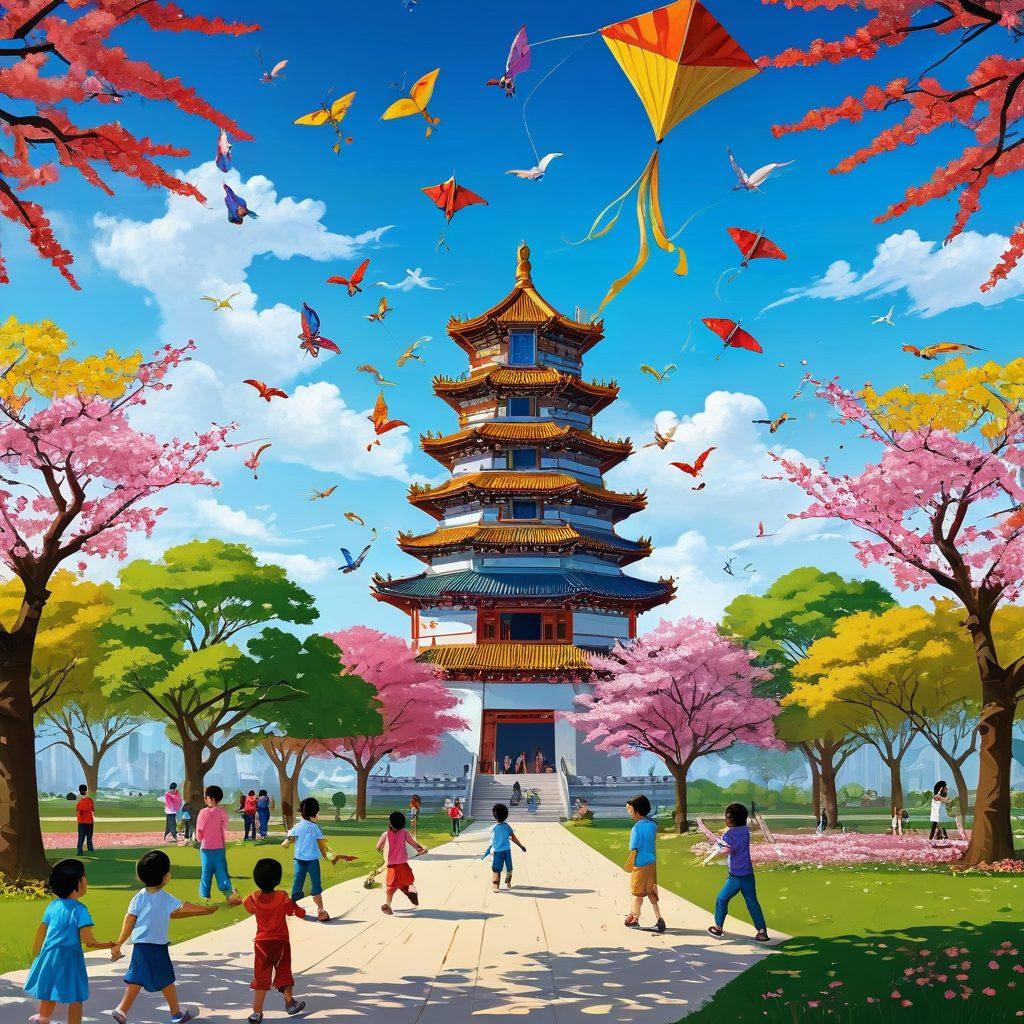 An enchanting scene of a vibrant park with clear blue skies, where several traditional Chinese kites shaped like dragons, phoenixes, and butterflies soar gracefully. A mix of enthusiastic children and adults with joyful expressions are controlling the kites. Distant pagodas and blooming cherry blossom trees accentuate the cultural essence. Vector art. vibrant colors.