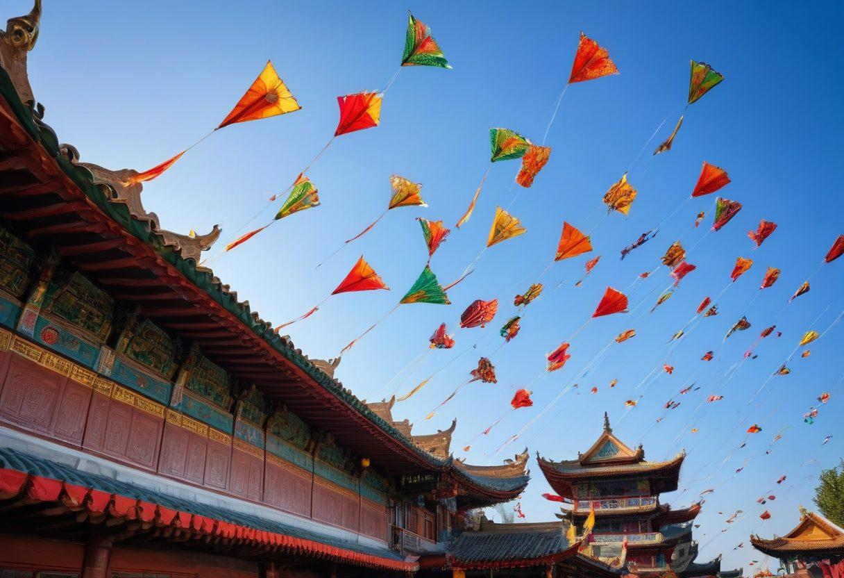 A vibrant scene of colorful, intricately designed Chinese kites soaring in a clear blue sky, with traditional Chinese architecture and lush greenery in the background. Include people flying kites, depicting a joyful cultural activity. Super-realistic. Vibrant colors. Detailed designs.