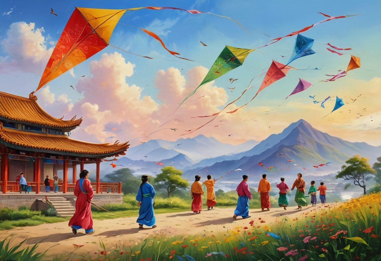 A serene Chinese landscape featuring a traditional festival with colorful kites flying high, each uniquely crafted and intricately designed. Families and children are joyfully crafting kites, meticulously painting patterns, while elders share stories. Bamboo poles, strings, and vibrant papers are artfully scattered, showcasing the rich cultural heritage. Above, the sky is filled with a myriad of kites, symbolizing freedom and creativity. painting. vibrant colors.